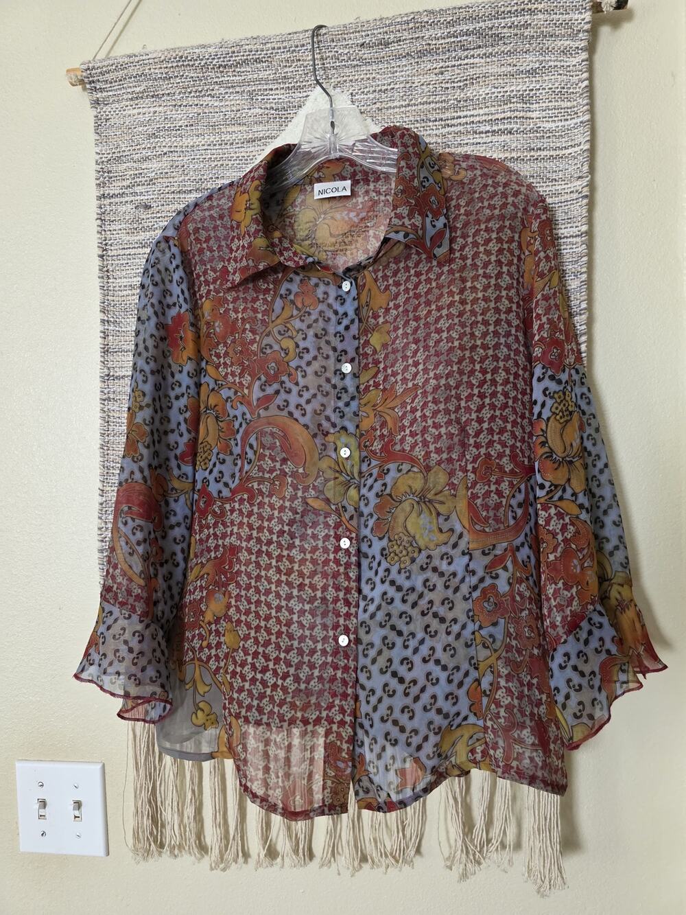 Nicola Sheer Patchwork Floral Paisley Button Front Blouse Women’s M Boho Y2K Top